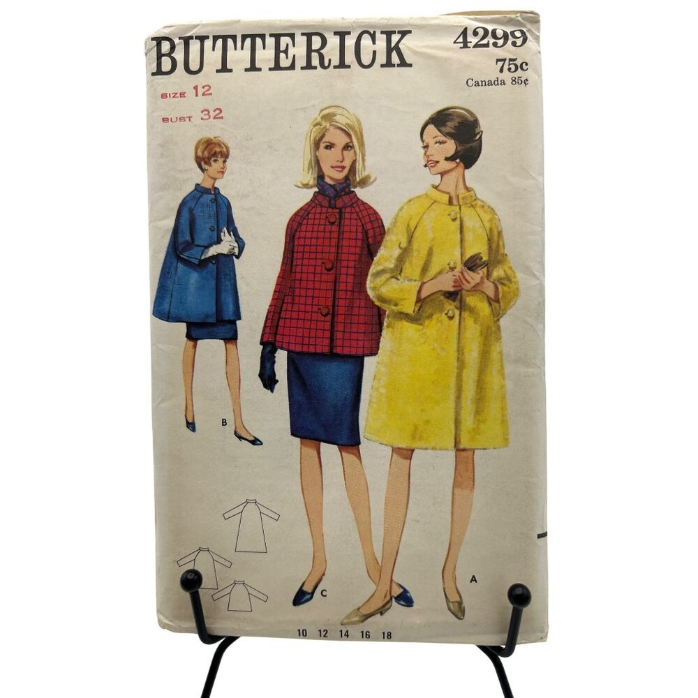 Sewing Pattern 1960s Coat Collarless Flare Three Lengths  Size12 Vtg Butterick